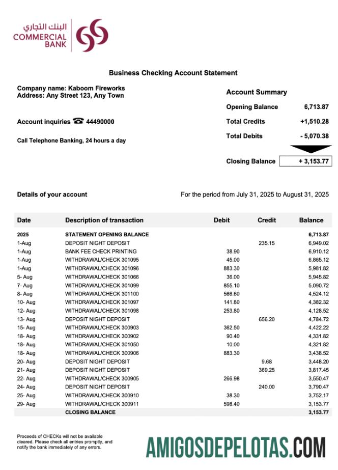 Em branco Extrato de conta comercial do Qatar modelo Word e PDF